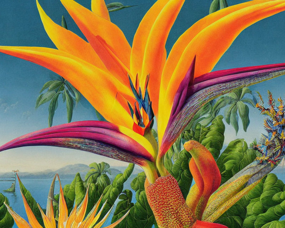 Colorful Bird of Paradise Flower Illustration with Tropical Foliage