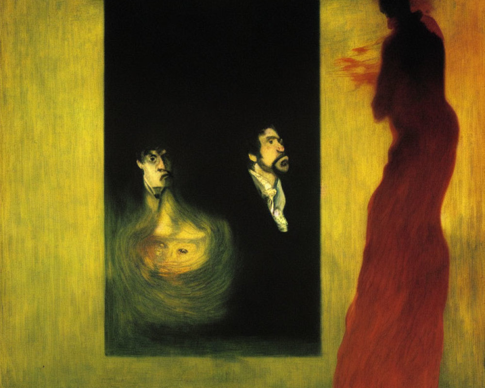 Distorted faces on dark canvas in golden space with red figure