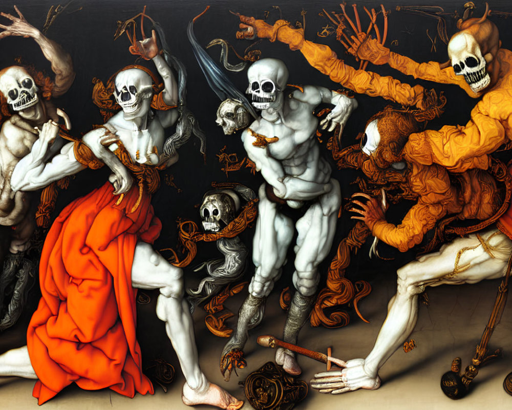 Dynamic Skeletons and Cloaked Figure in Dramatic Pose with Orange Fabric