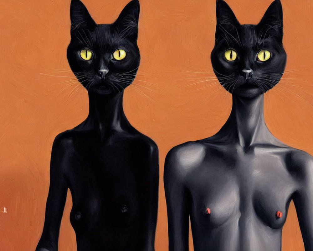 Anthropomorphic black cats with yellow eyes on orange background