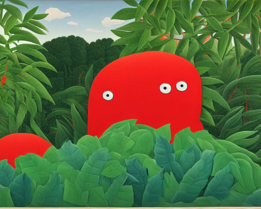 Colorful Cartoon Creature Peeking from Green Foliage
