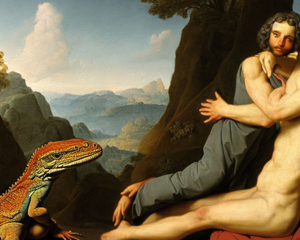 Reclining man and iguana in colorful classic painting remix