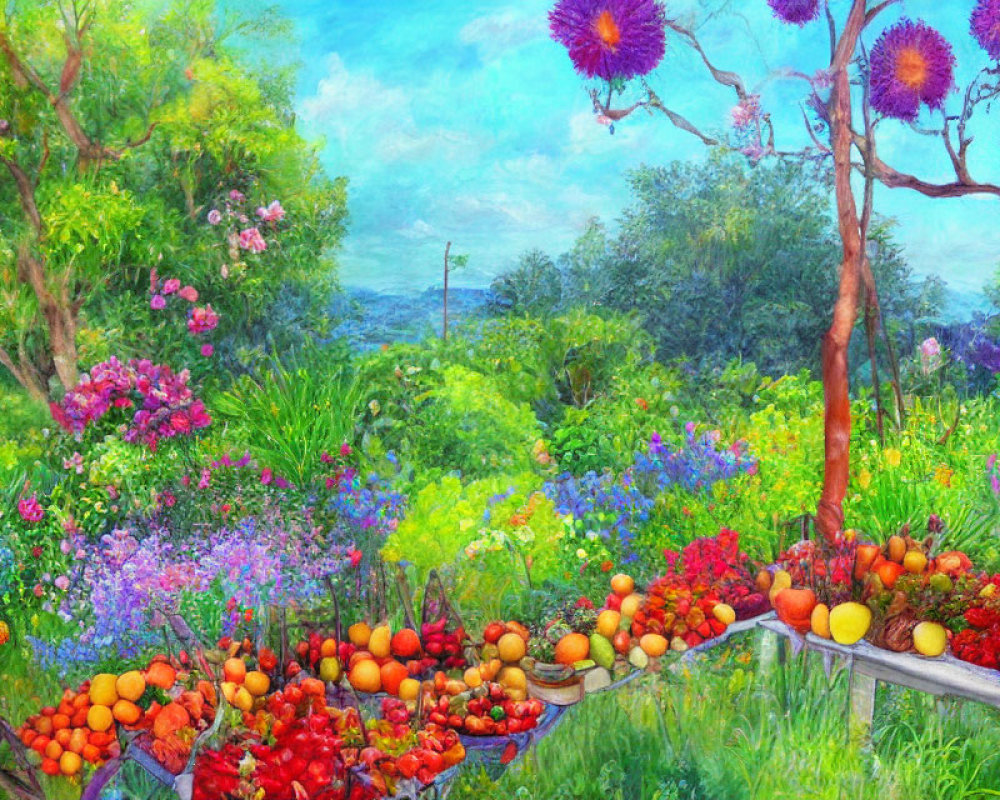 Colorful Garden Painting with Fresh Fruits and Lush Greenery