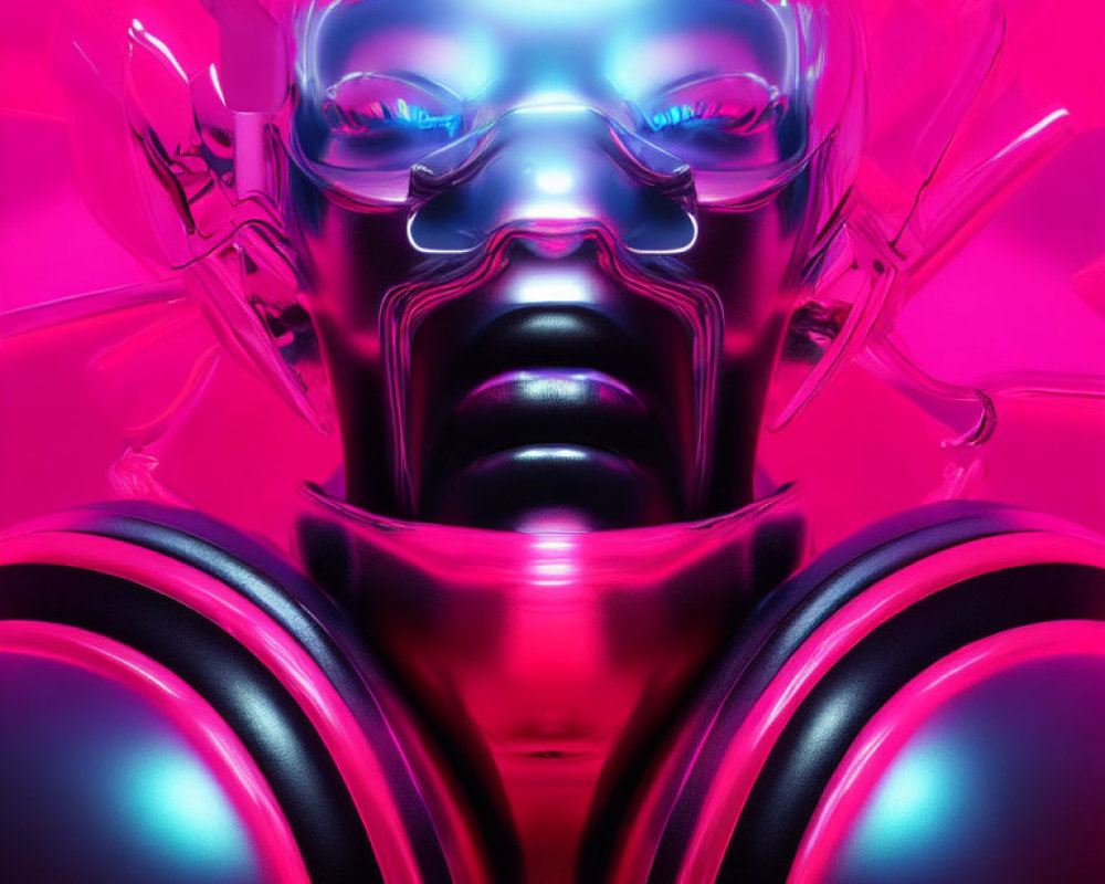 Futuristic armored figure with reflective helmet and neon pink lighting