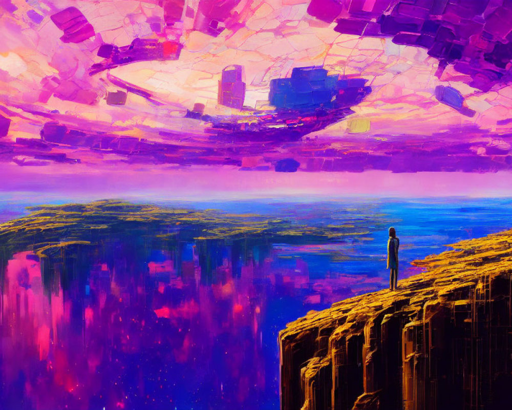 Surreal colorful landscape with floating islands and mosaic-like sky