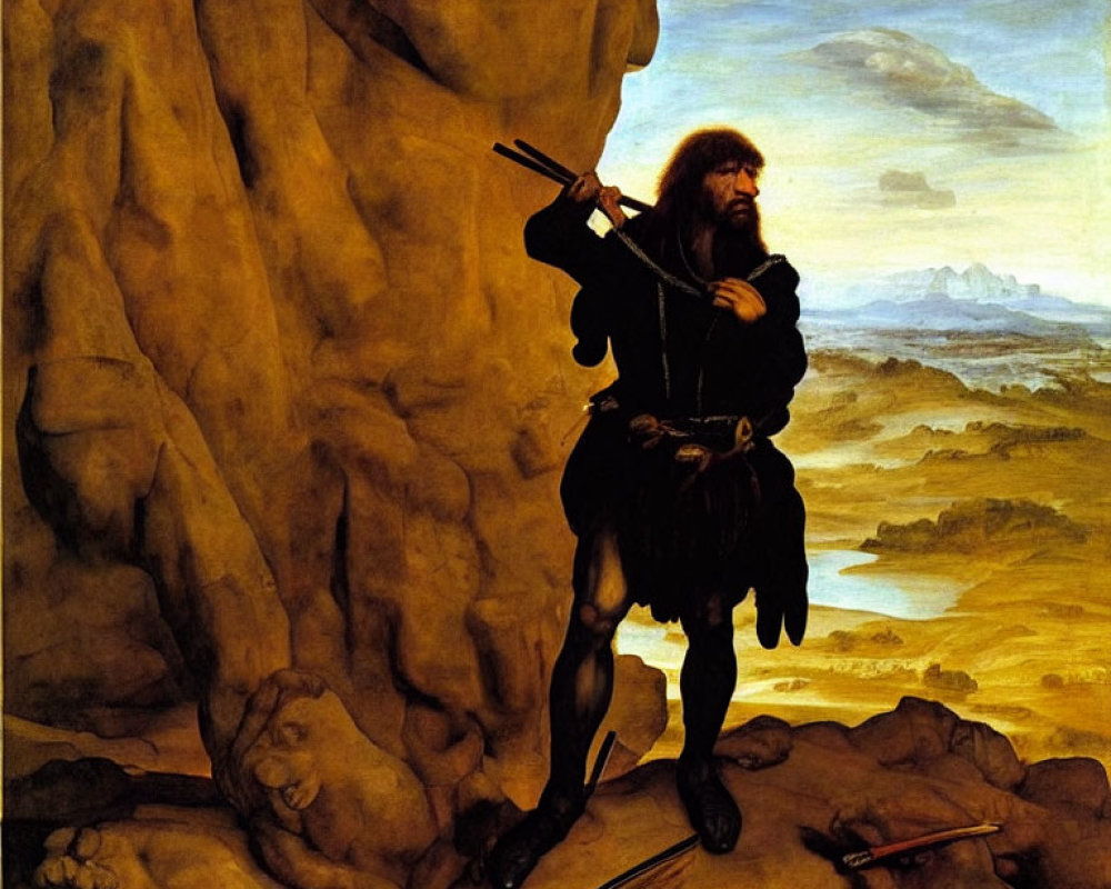 Bearded man in historical clothing with sword on rocky terrain