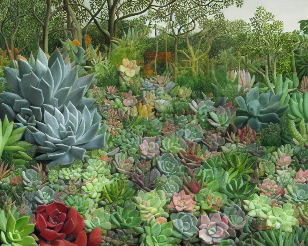 Vibrant succulent garden with rich textures and colors against dense trees