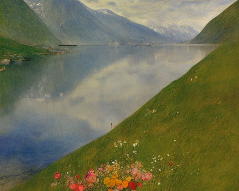 Tranquil landscape with fjord, green hills, mountains, and vibrant flowers