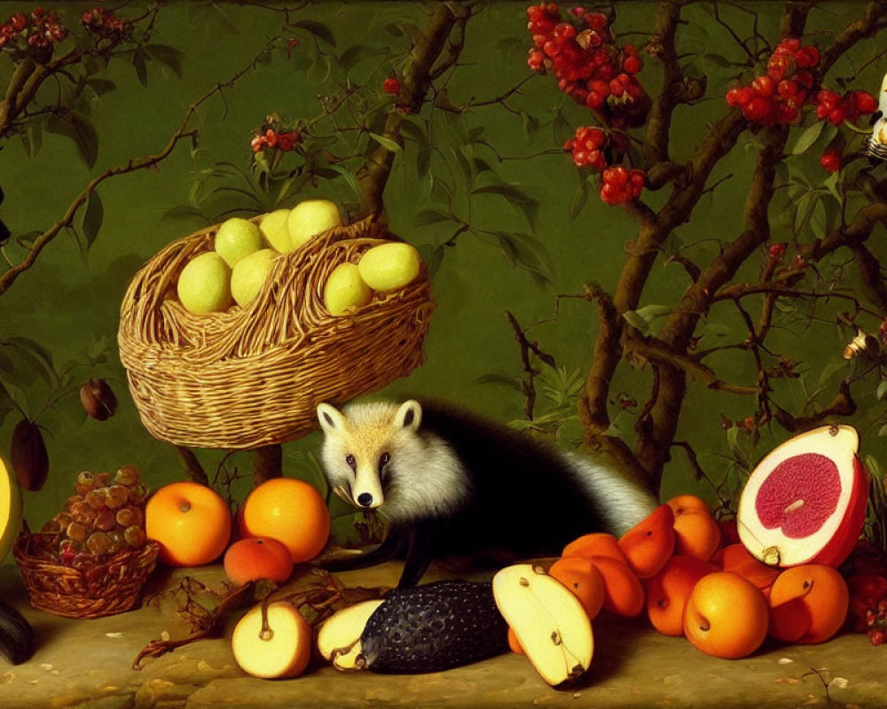 Detailed still life painting with apples, fruits, badger, and foliage