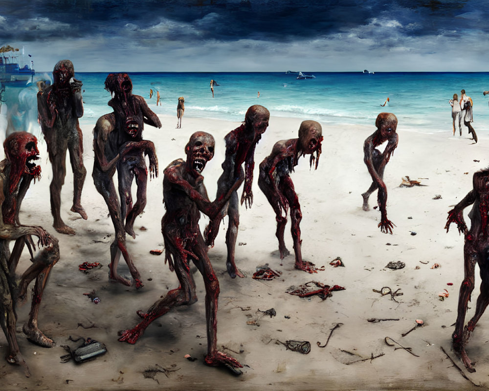 Grotesque zombie-like figures on beach among beachgoers