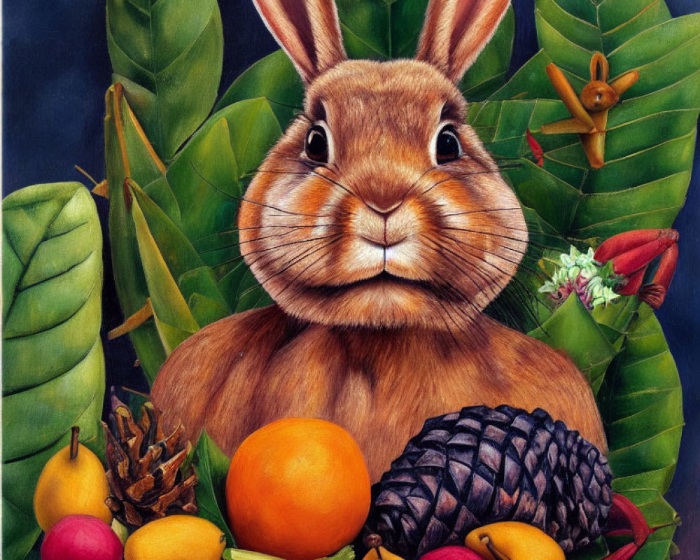 Detailed Illustration: Brown Rabbit in Lush Greenery with Fruits & Pinecones