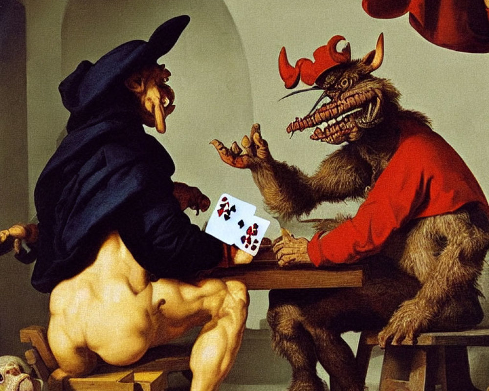 Muscular figure in wizard's hat playing cards with werewolf creature in red cloak