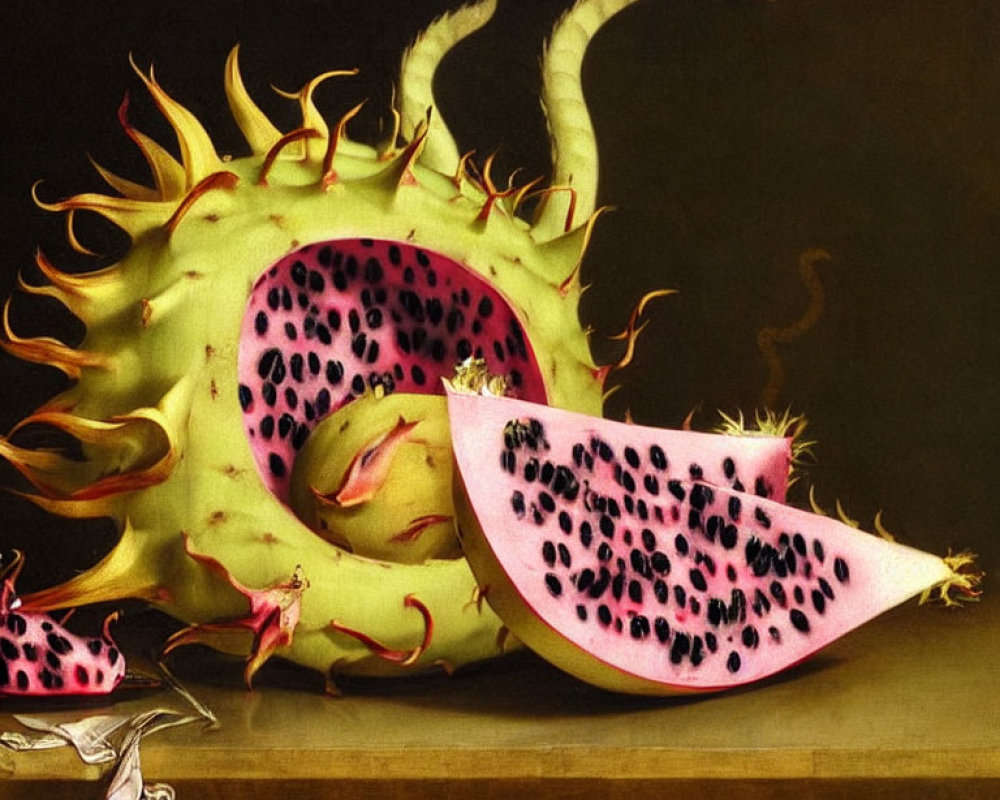 Vivid pink dragon fruit sliced open on dark background