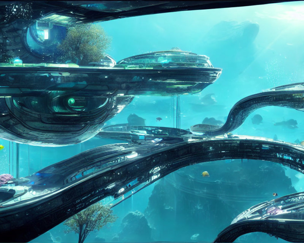 Domed structures in futuristic underwater city with marine life and whale.