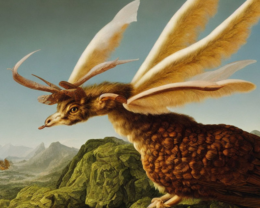 Surreal painting of creature with deer head and bird feathers perched on rocky outcrop