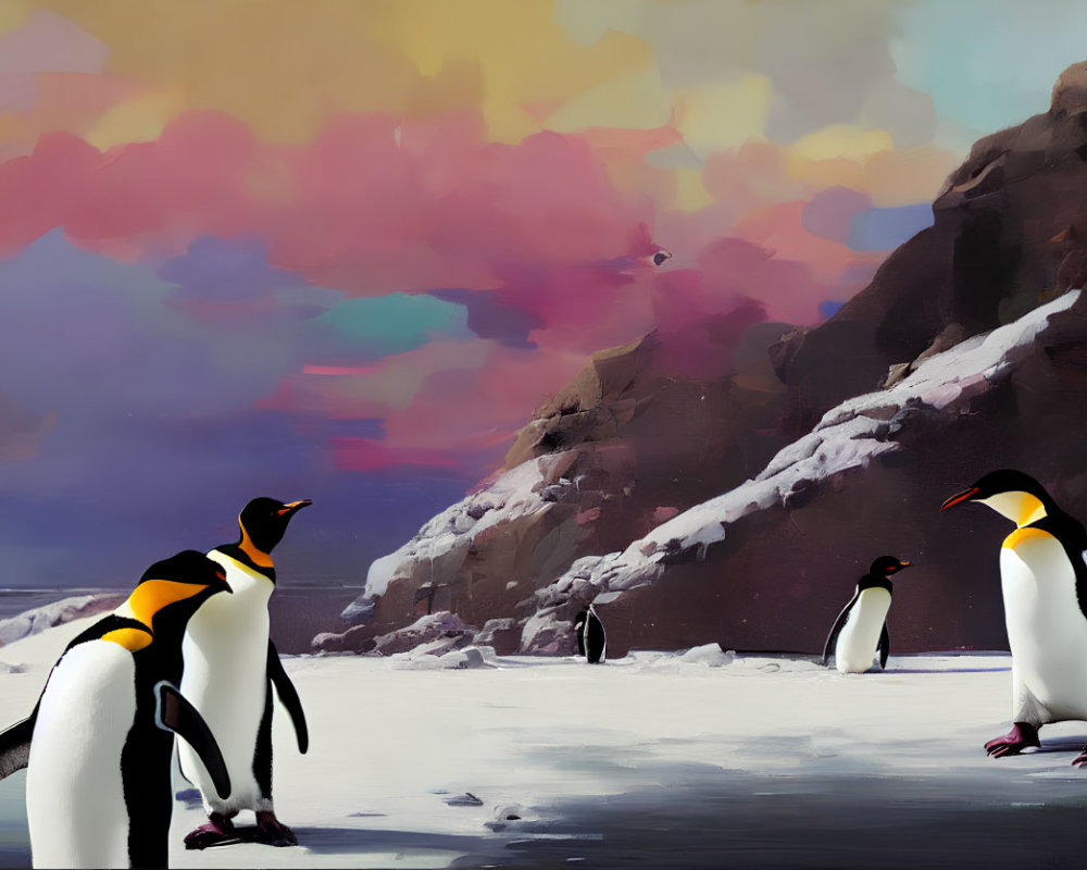 Stylized penguins on snowy landscape with colorful clouds and rocky hill