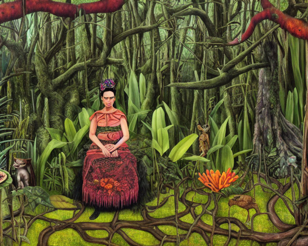 Woman in floral crown and traditional dress sitting in vibrant jungle with cat and rodent