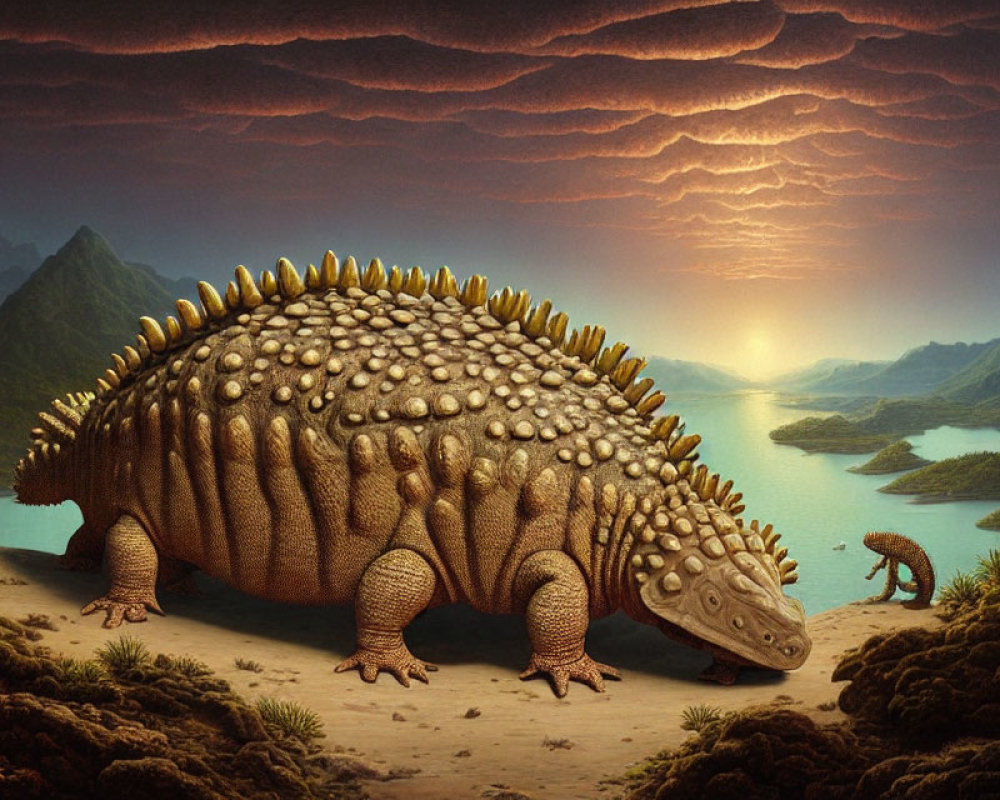 Armored dinosaur with spikes in prehistoric landscape at sunrise or sunset