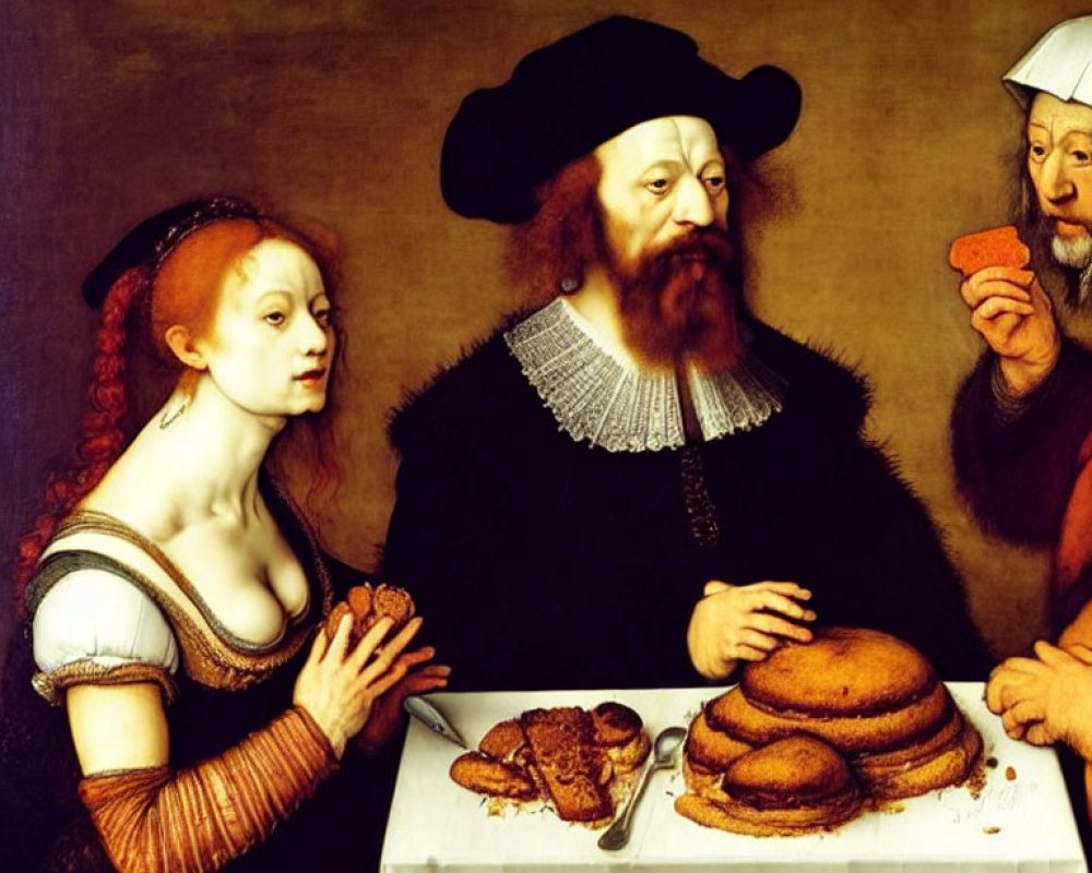 Historical painting of man and woman at table with bread and meat