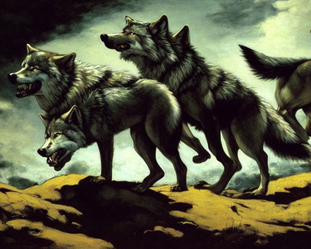 Four Wolves Howling and Snarling on Rocky Outcrop