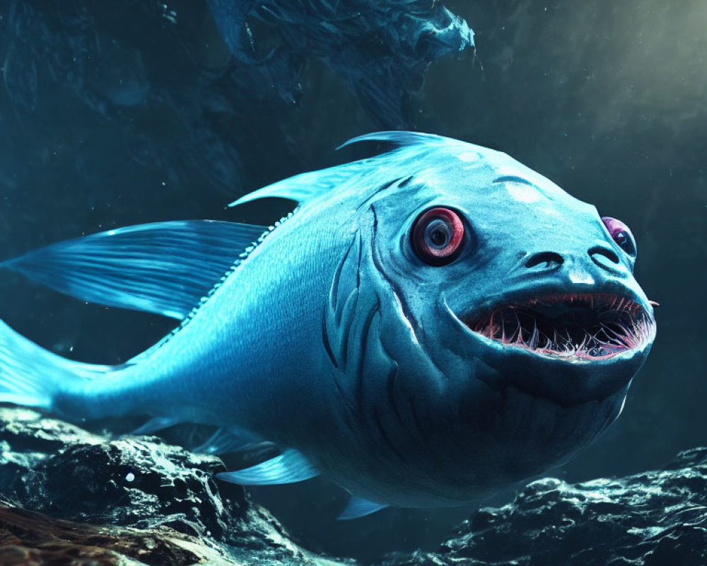 Surreal digital artwork of blue fish with red eyes swimming underwater