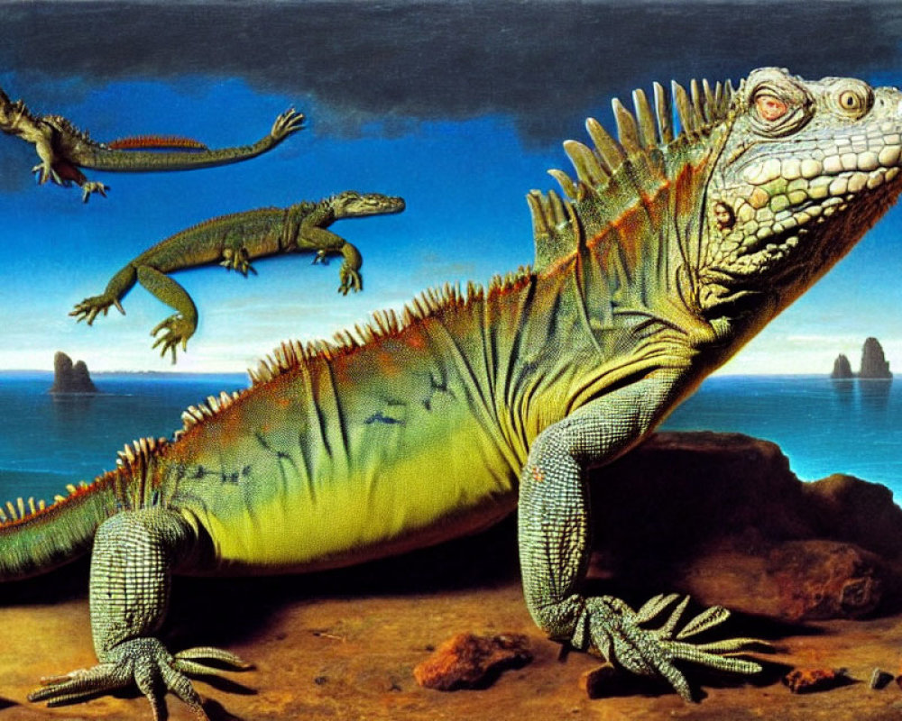 Surreal artwork: Oversized iguanas on rocky shoreline, clear sky, flying iguan
