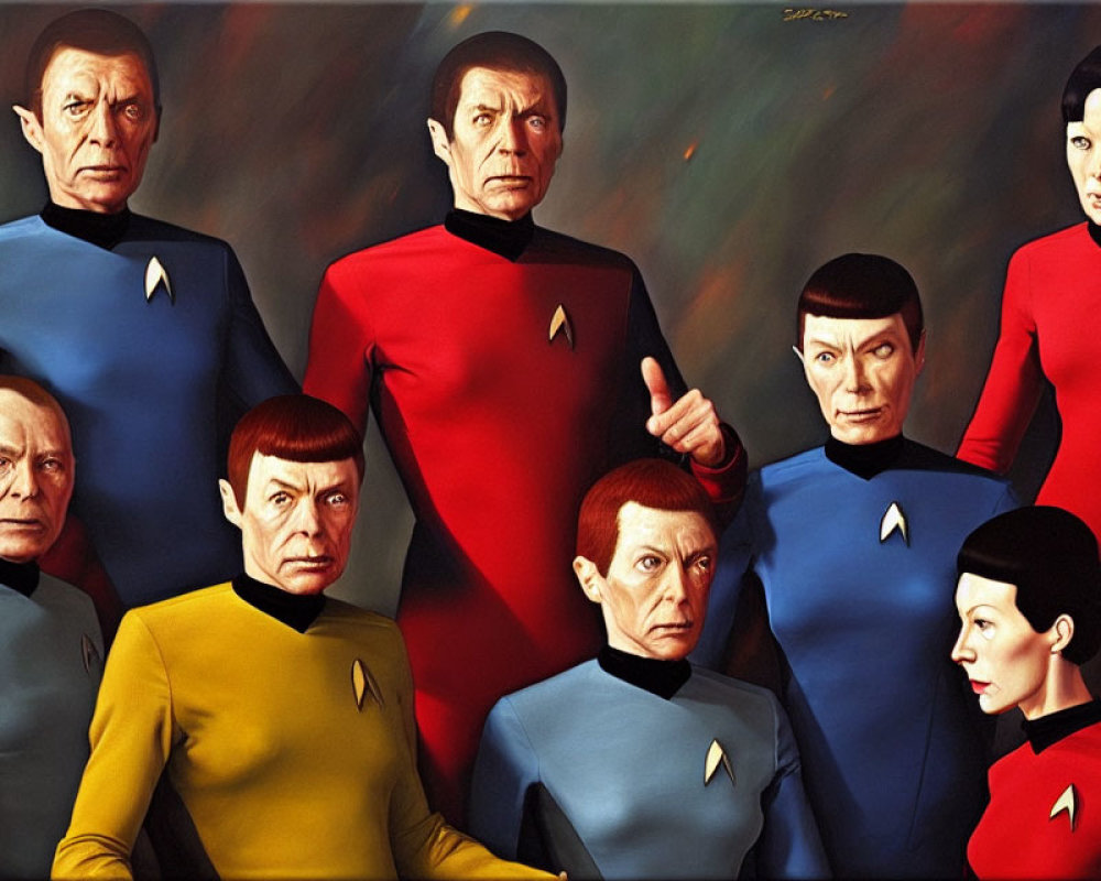 Seven Star Trek characters in uniforms with diverse expressions and ranks