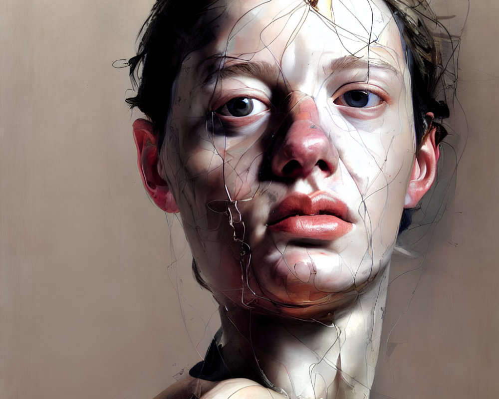 Hyperrealistic painting of person with fractured facade and intense gaze