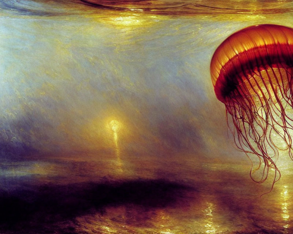 Underwater Scene with Large Orange Jellyfish and Ambient Light