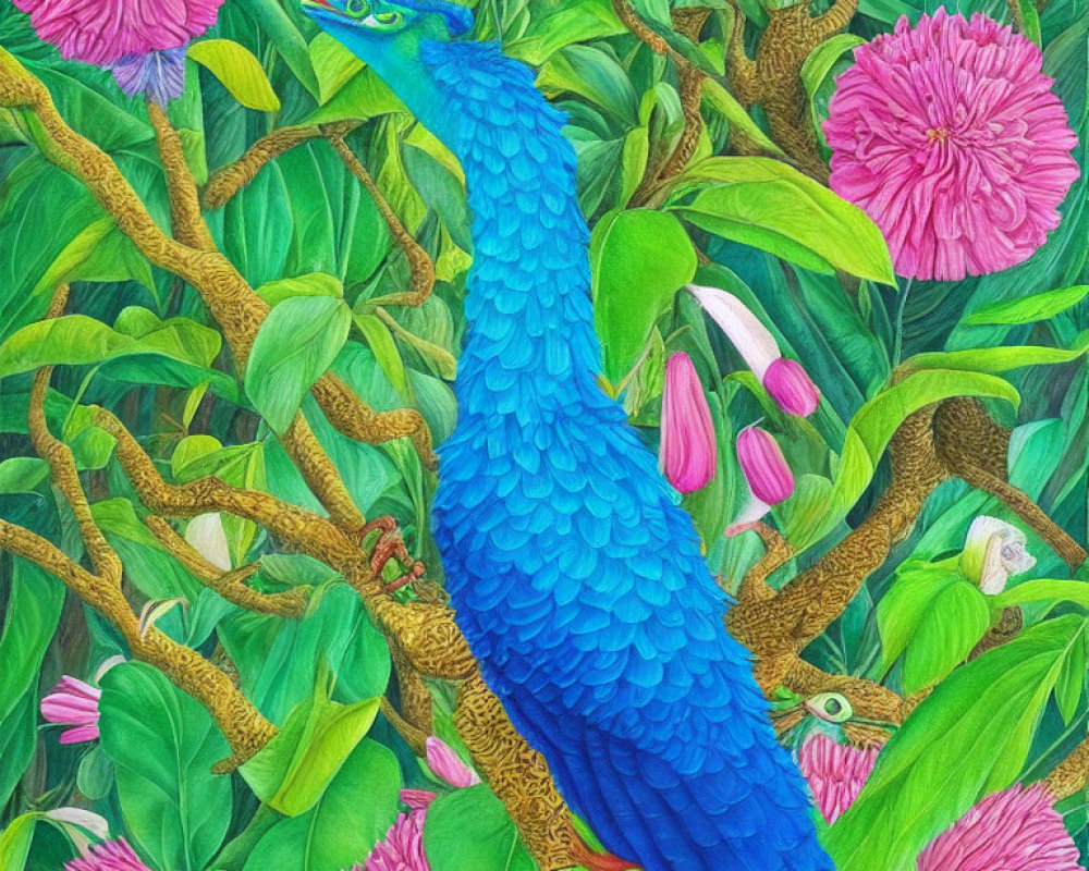 Colorful Peacock Among Green Foliage and Pink Flowers