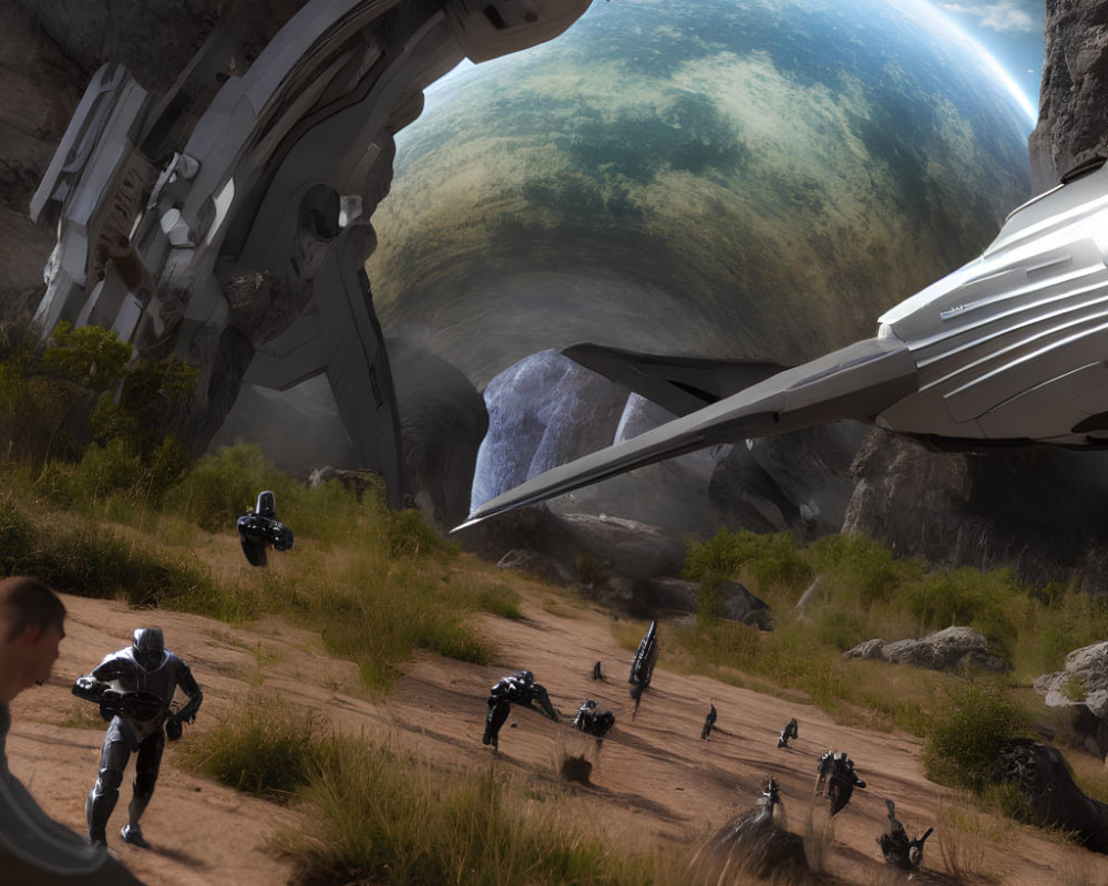 Troops disembarking from spaceship on rugged terrain with large planet.