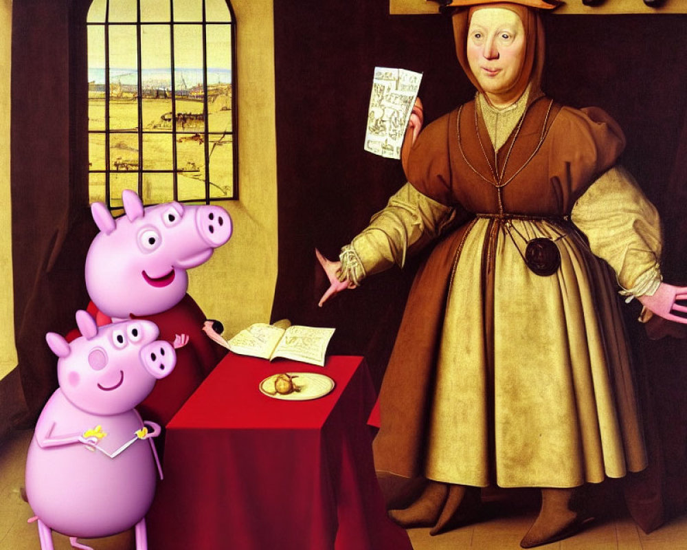 Peppa Pig and George with Renaissance-style painting of woman and book