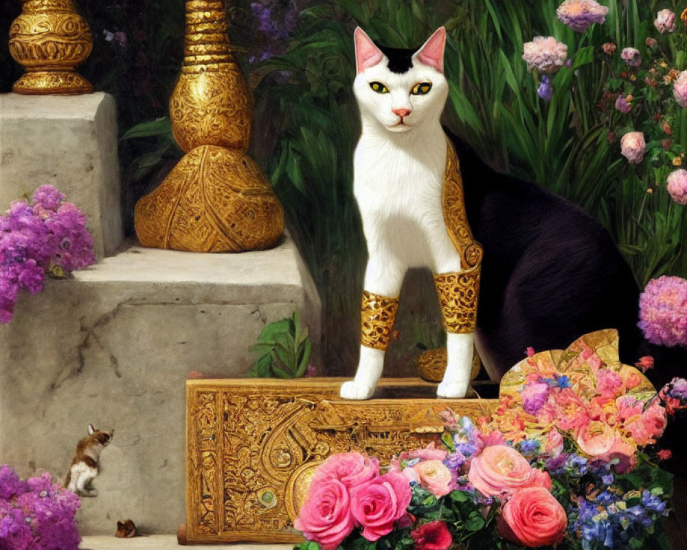 Illustration of white and black cat with golden patterns among flowers & artifacts