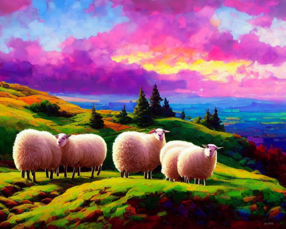 Colorful Landscape with Sheep on Green Hills and Dramatic Sky