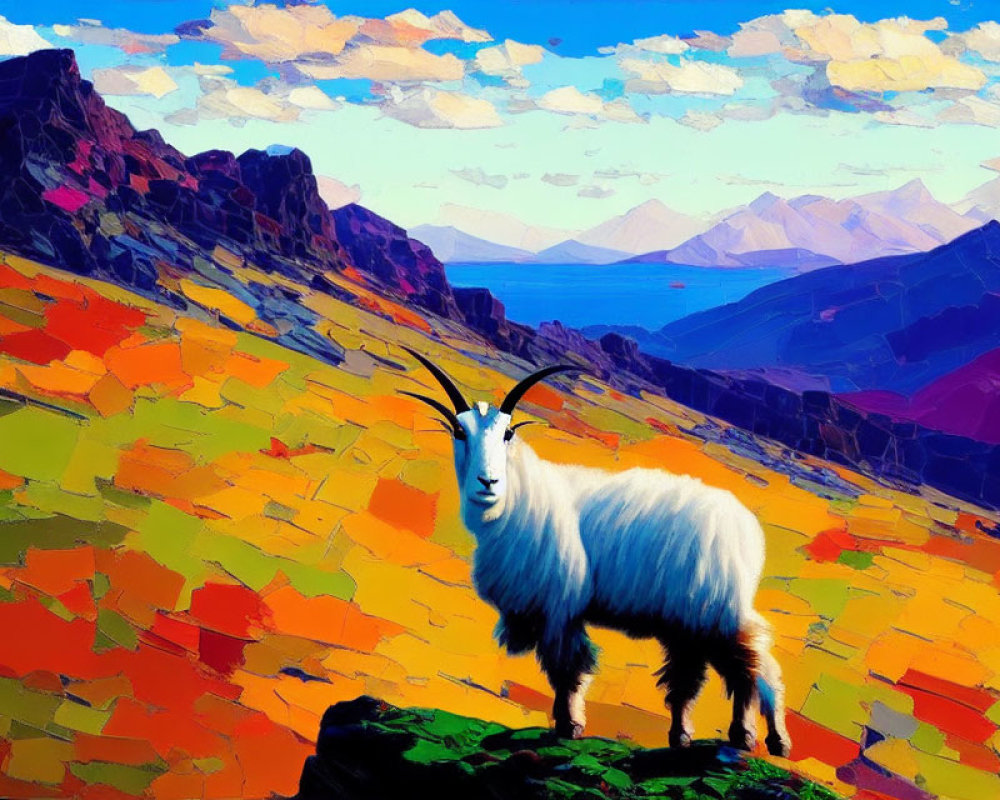 Colorful Mountain Landscape with Goat on Rocky Promontory