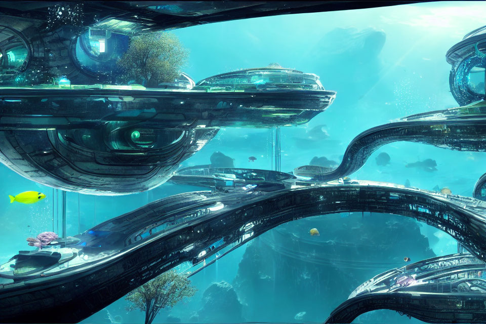 Domed structures in futuristic underwater city with marine life and whale.