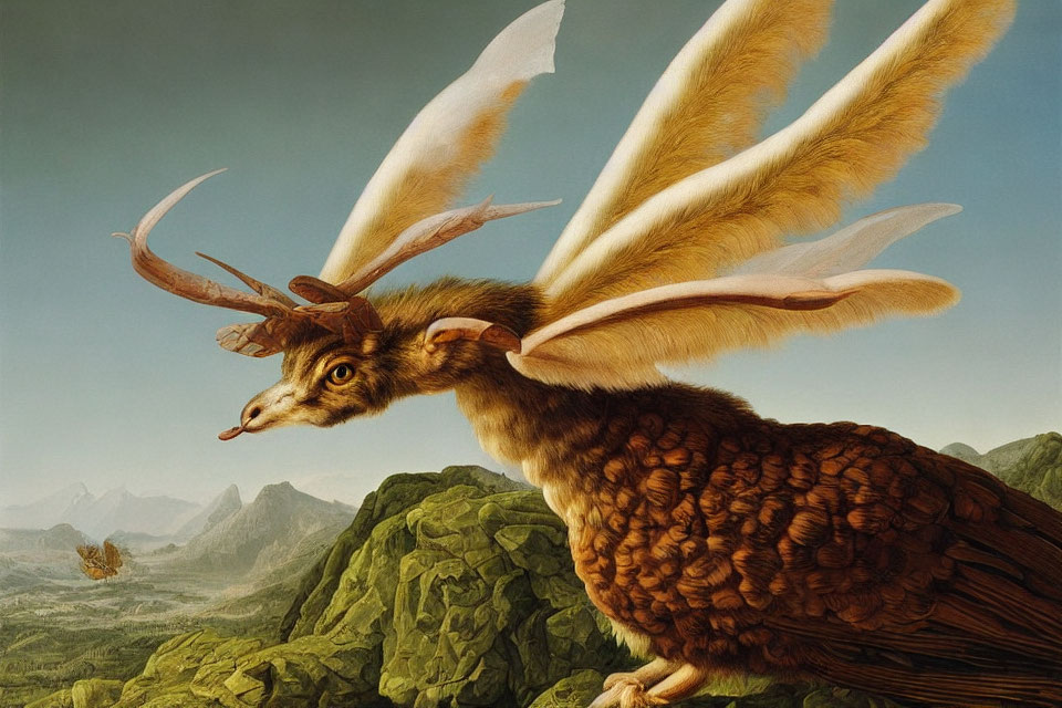 Surreal painting of creature with deer head and bird feathers perched on rocky outcrop
