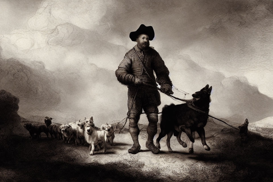 Illustration of man walking dogs in historical attire on hazy landscape
