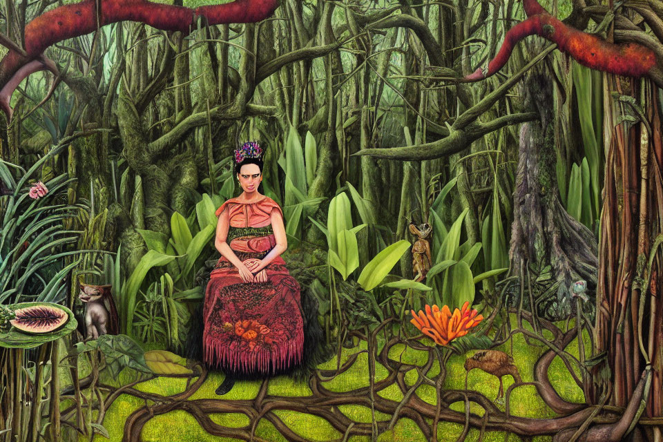 Woman in floral crown and traditional dress sitting in vibrant jungle with cat and rodent