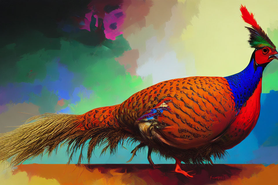 Colorful Peacock Illustration with Detailed Plumage on Abstract Background