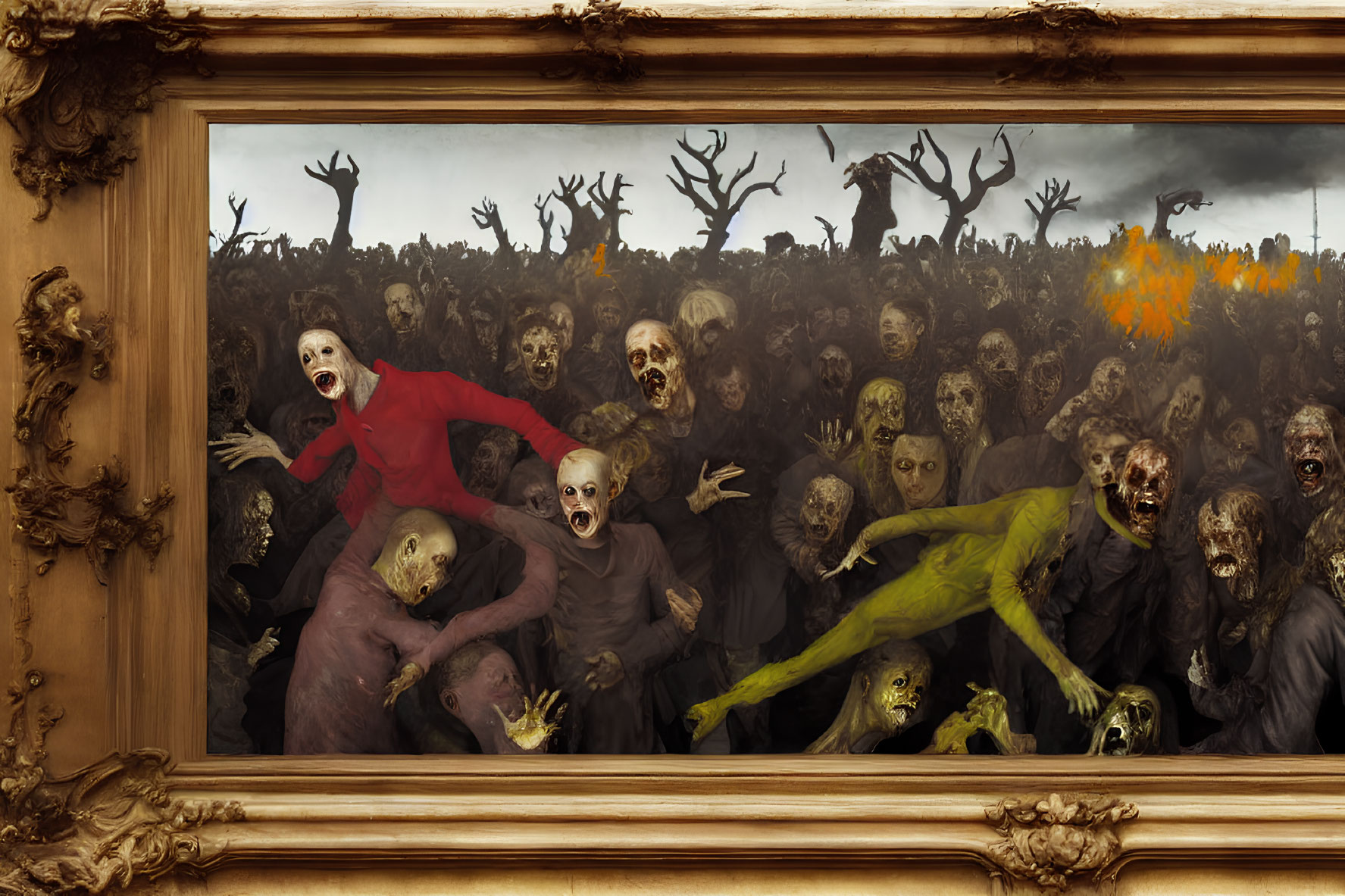 Horde of zombies emerge from fiery, chilling painting