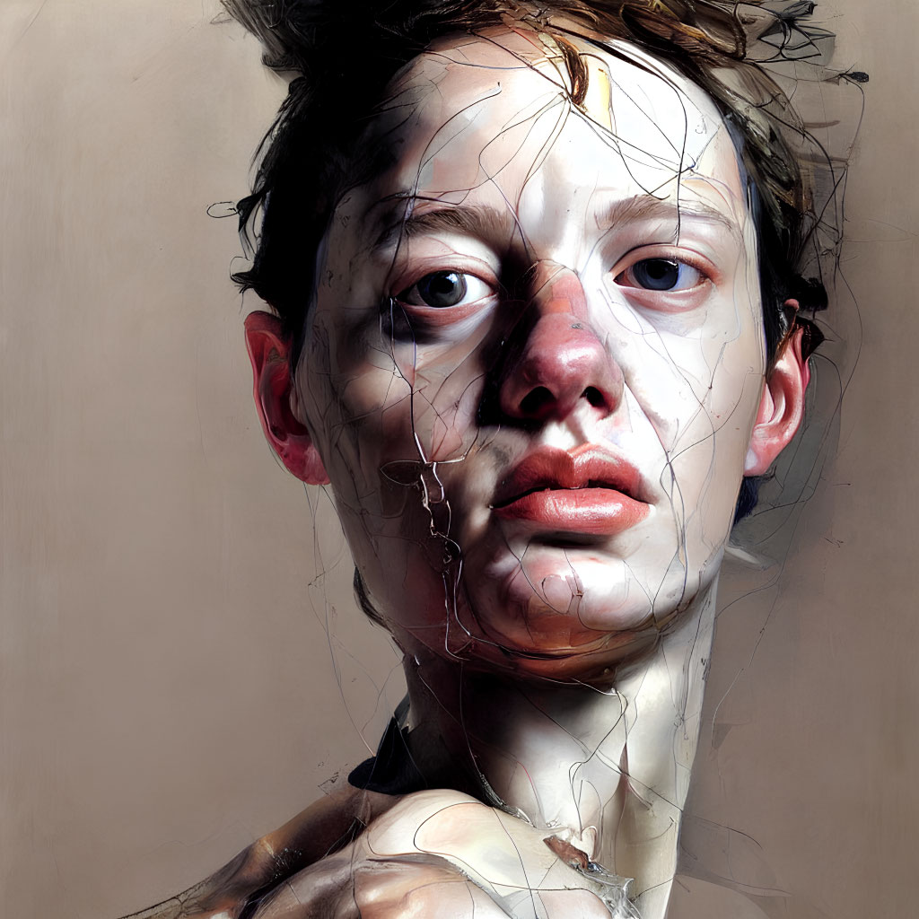 Hyperrealistic painting of person with fractured facade and intense gaze
