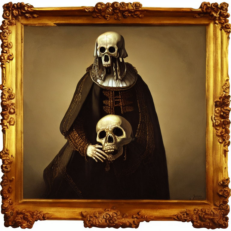 Figure in Dark Cloak Holding Skull in Ornate Golden Frame