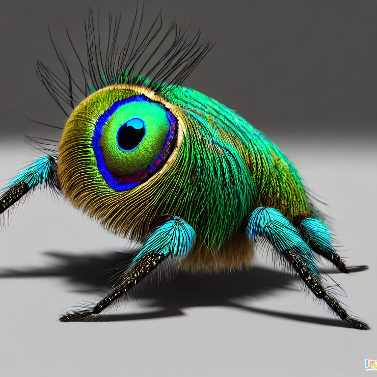 Colorful Peacock Feather Pattern Spider Creature on Gray Background