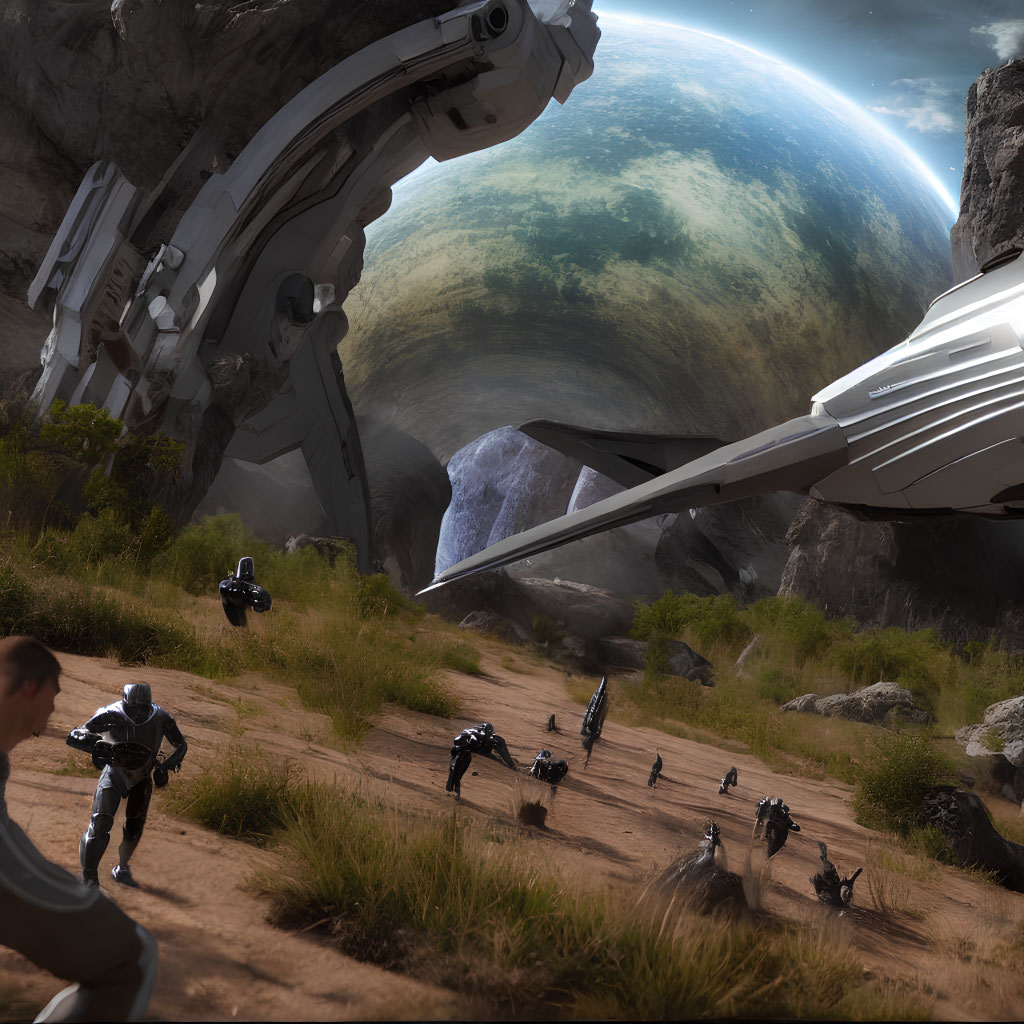 Troops disembarking from spaceship on rugged terrain with large planet.