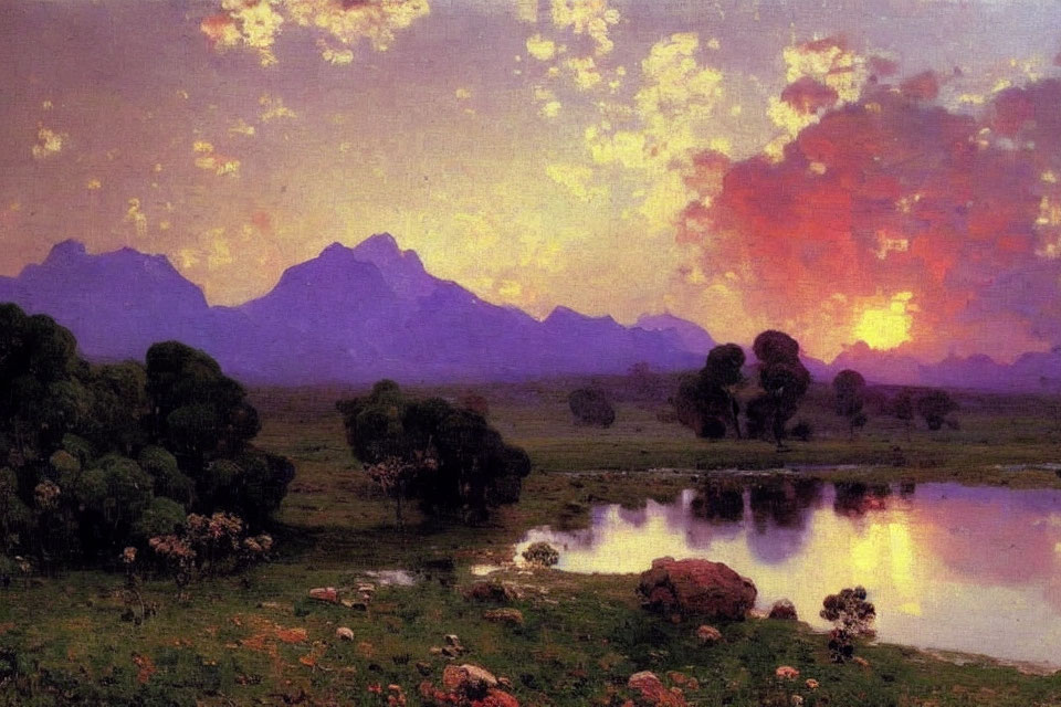 Tranquil pond at sunset with vibrant clouds and lush trees