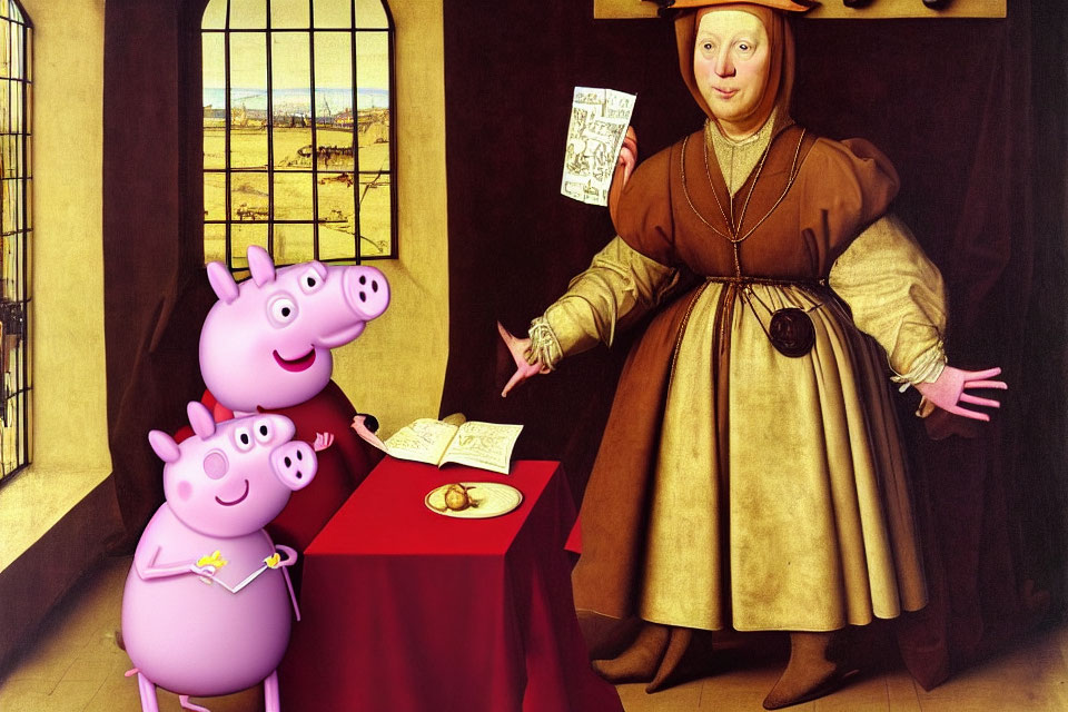 Peppa Pig and George with Renaissance-style painting of woman and book