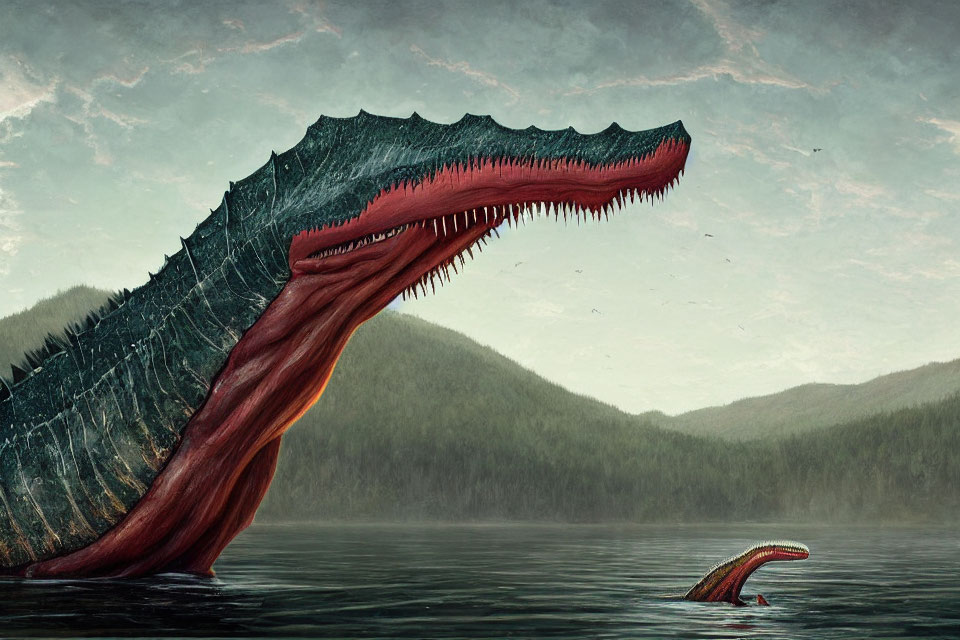 Enormous sea monster with sharp teeth in misty lake surrounded by forests
