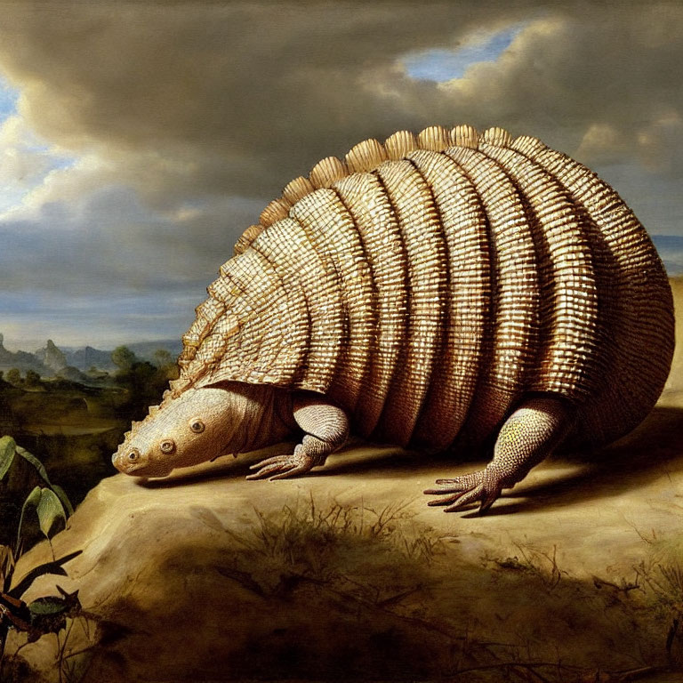 Detailed Armadillo Painting on Rock with Cloudy Sky Landscape