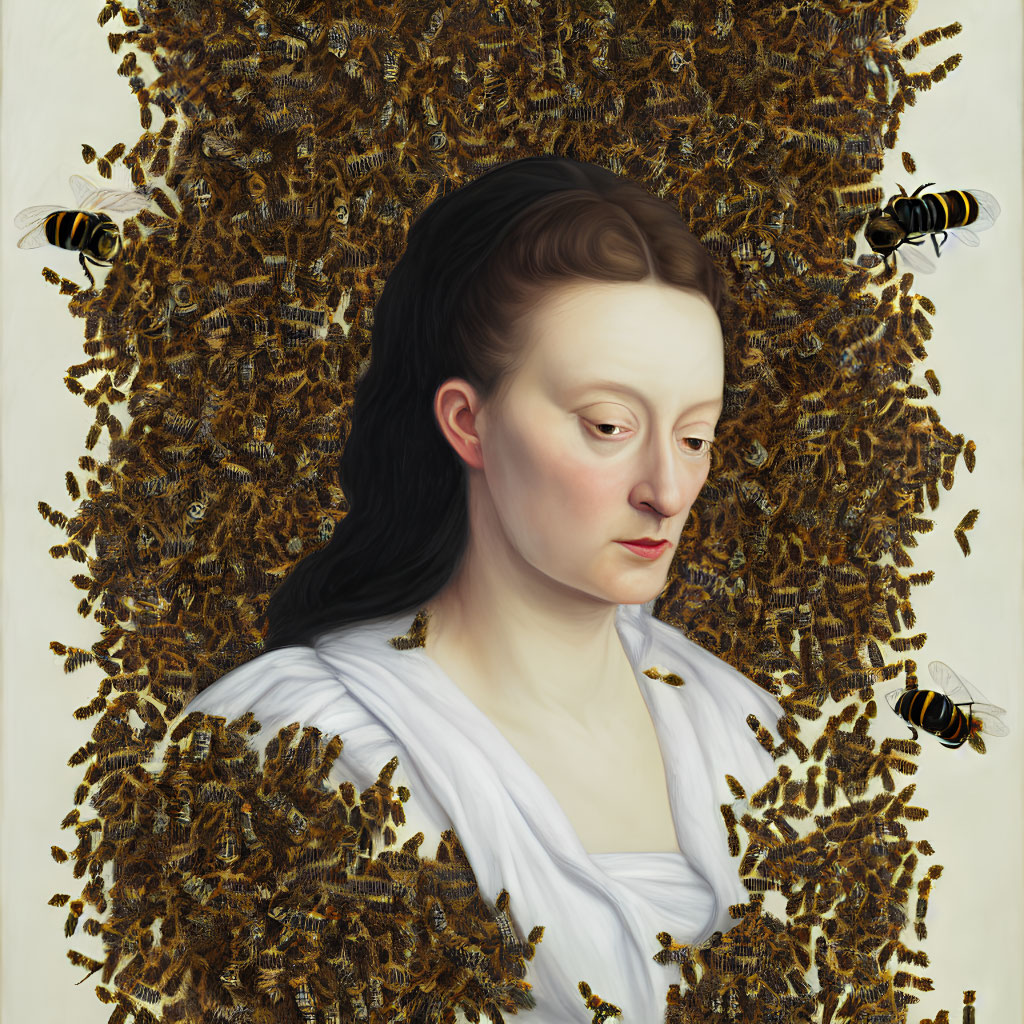 Woman in white dress surrounded by swarm of bees.